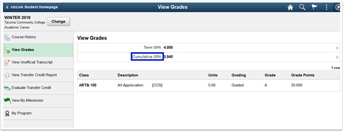 Change button is in the upper left corner.  Cumulative GPA is in the center of the page below Term GPA