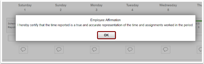Message for employee to affirming accuracy of their time entered