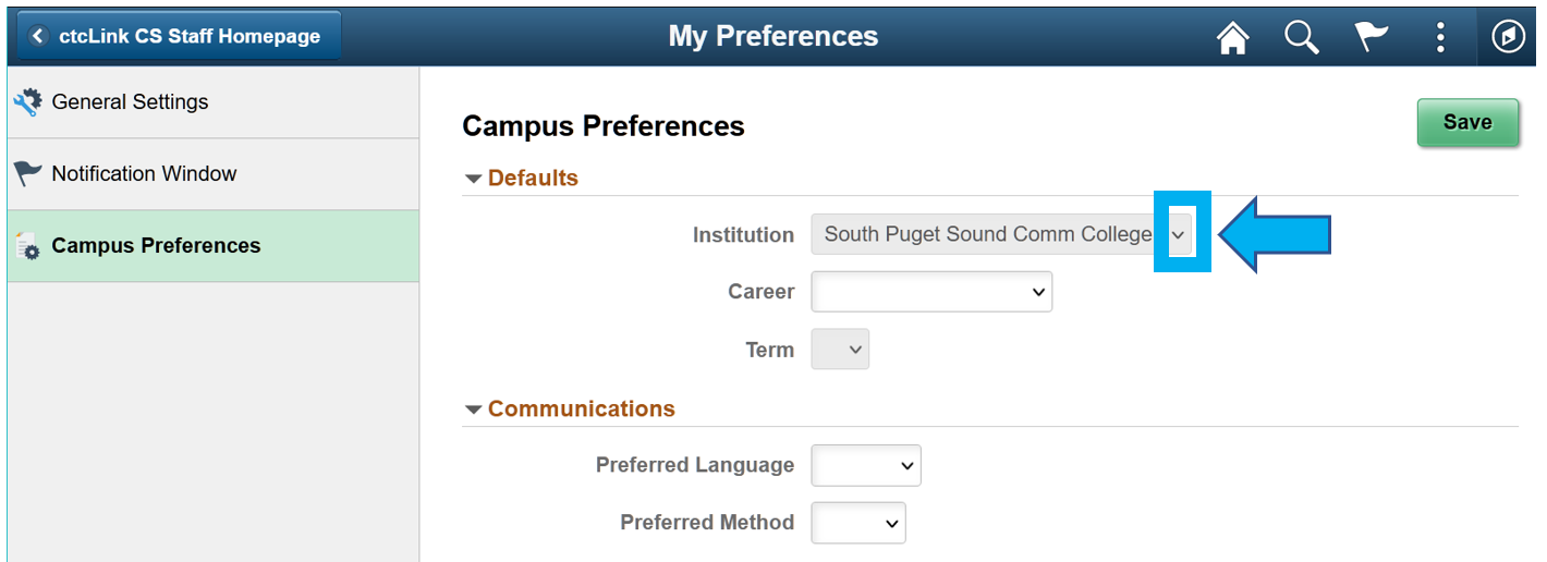 My Preferences page with arrow pointing to Institution field.