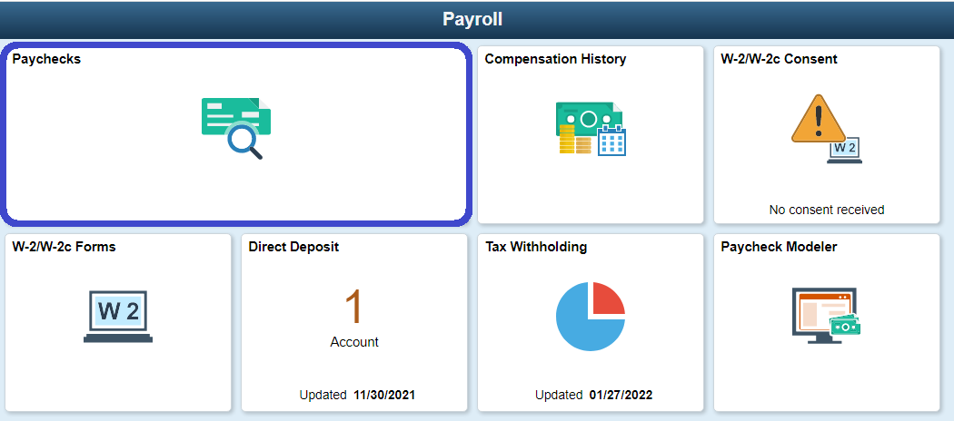 Image of Payroll page with Paycheck Tile circled
