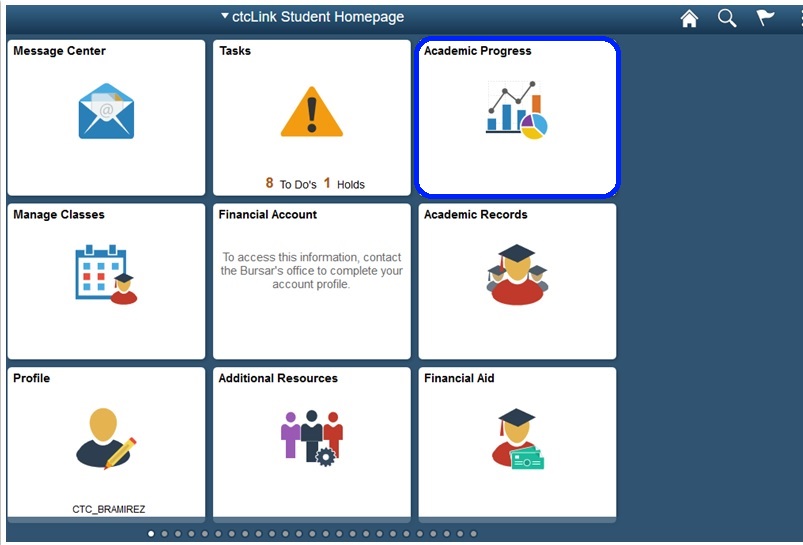 ctcLink Student homepage.  This is the 3rd tile on the top row. Academic Progress.