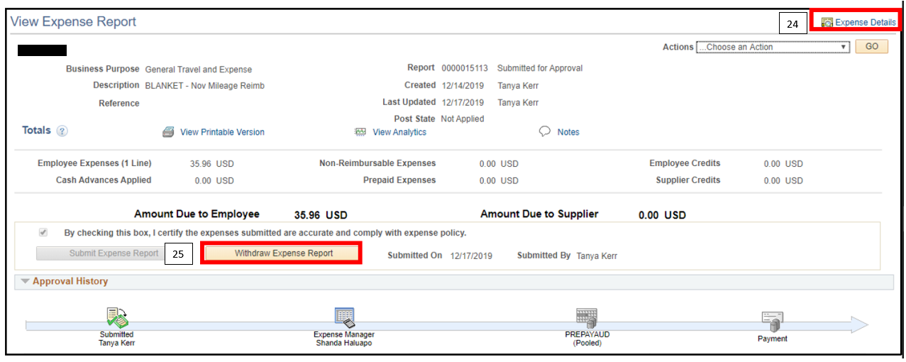View Expense Report page with boxes around Expense Details and Withdraw Expense Report buttons