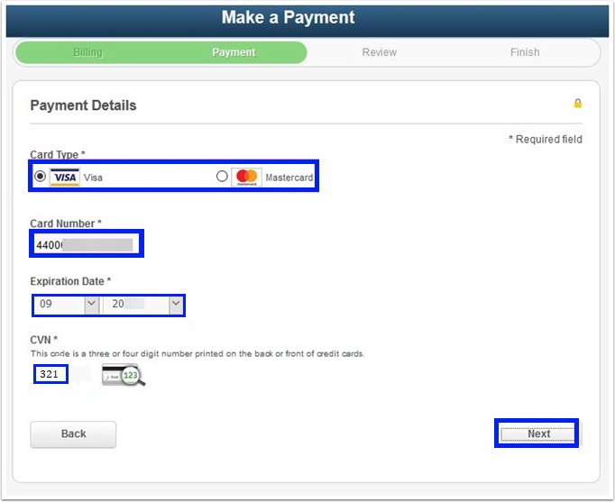 Enter your credit card information.  Card type, card number, expiration date, cvn. Next is bottom right.