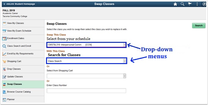 Select from your schedule using dropdown, then below that, search for classes.  swap classes is chosen on the left.