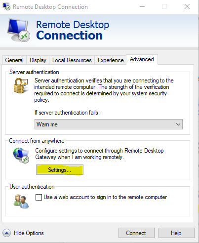 Windows Remote Desktop window on Advanced tab with Settings button highlit