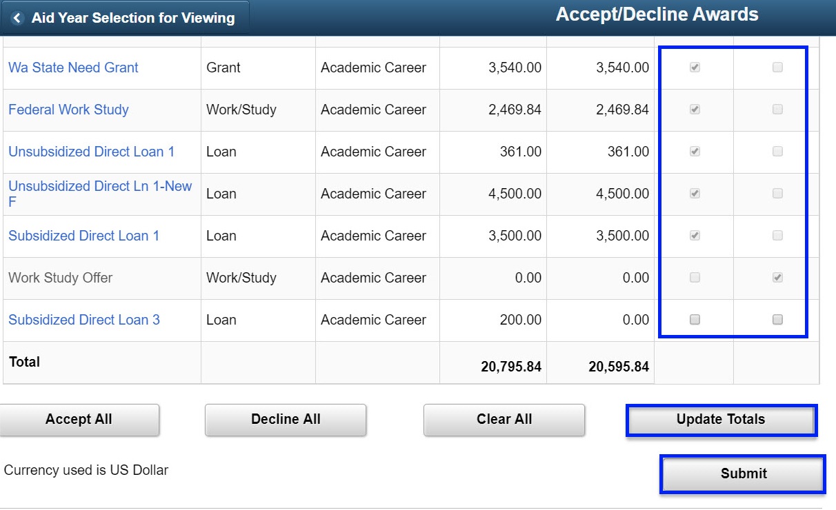 Boxes on right allow you to accept or decline individual awards. Update total and submit are in the bottom right.