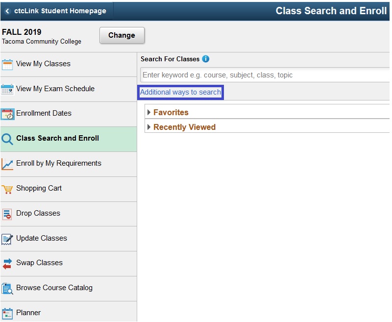 Additional ways to search button is circled.  Get here from Manage classes - Class search and Enroll