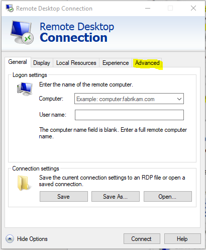 Windows remote desktop window with Advanced tab highlit
