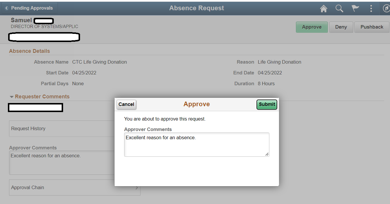 Image of approver comments for absence