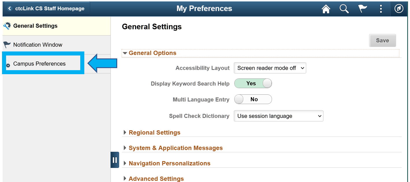 Menu with arrow pointing to and box around Campus Preferences 