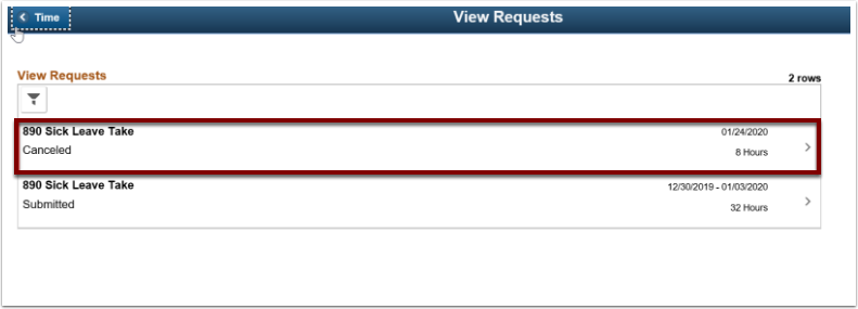 View Request interface with a red box around one of the Cancelled Sick Leave Requests