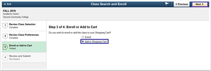 Class search and enroll step 3. Enroll directly or choose Add to Shopping Cart.