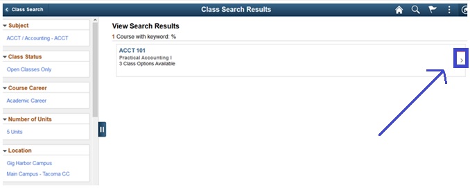 Class search results. An arrow at the right is circled.  Click this to see course information.