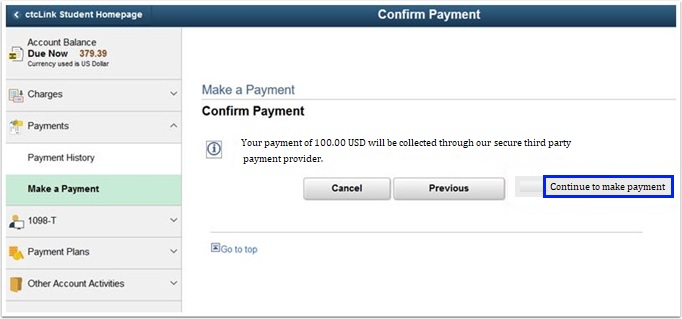 Continue to make payment button is in the middle of the page on the right.