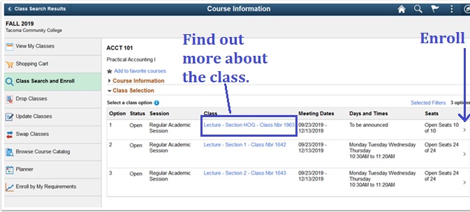 Course information.  There are hyperlinks in the middle of the page that will give more details.  Click the arrow on the right to enroll.
