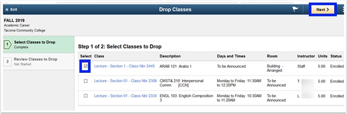 Use the check box at the right of the classes listed to choose the class to drop. next is on the top right.