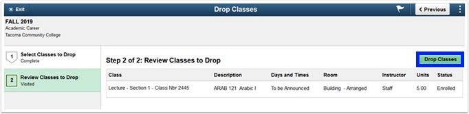 Review and then find the Drop Classes button on the top right.