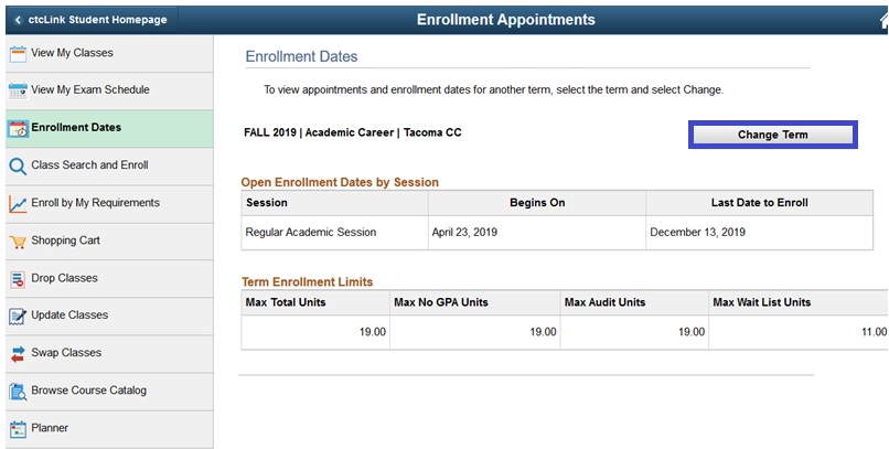 Manage Classes - Enrollment Dates - click on Change Term in upper right corner.