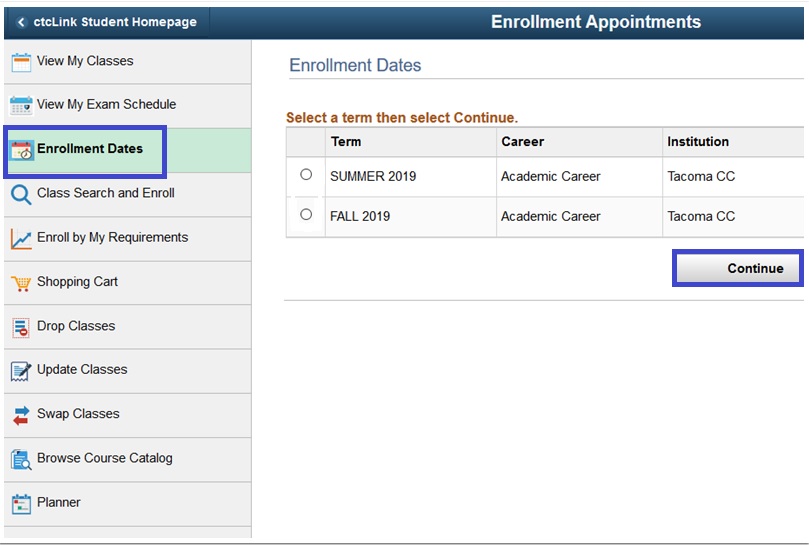 Manage Classes - Enrollment Dates - choose the term or college then click Continue.