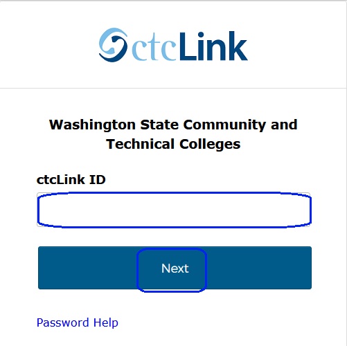 ctcLink login with the ctclinkId box and "Next" circled