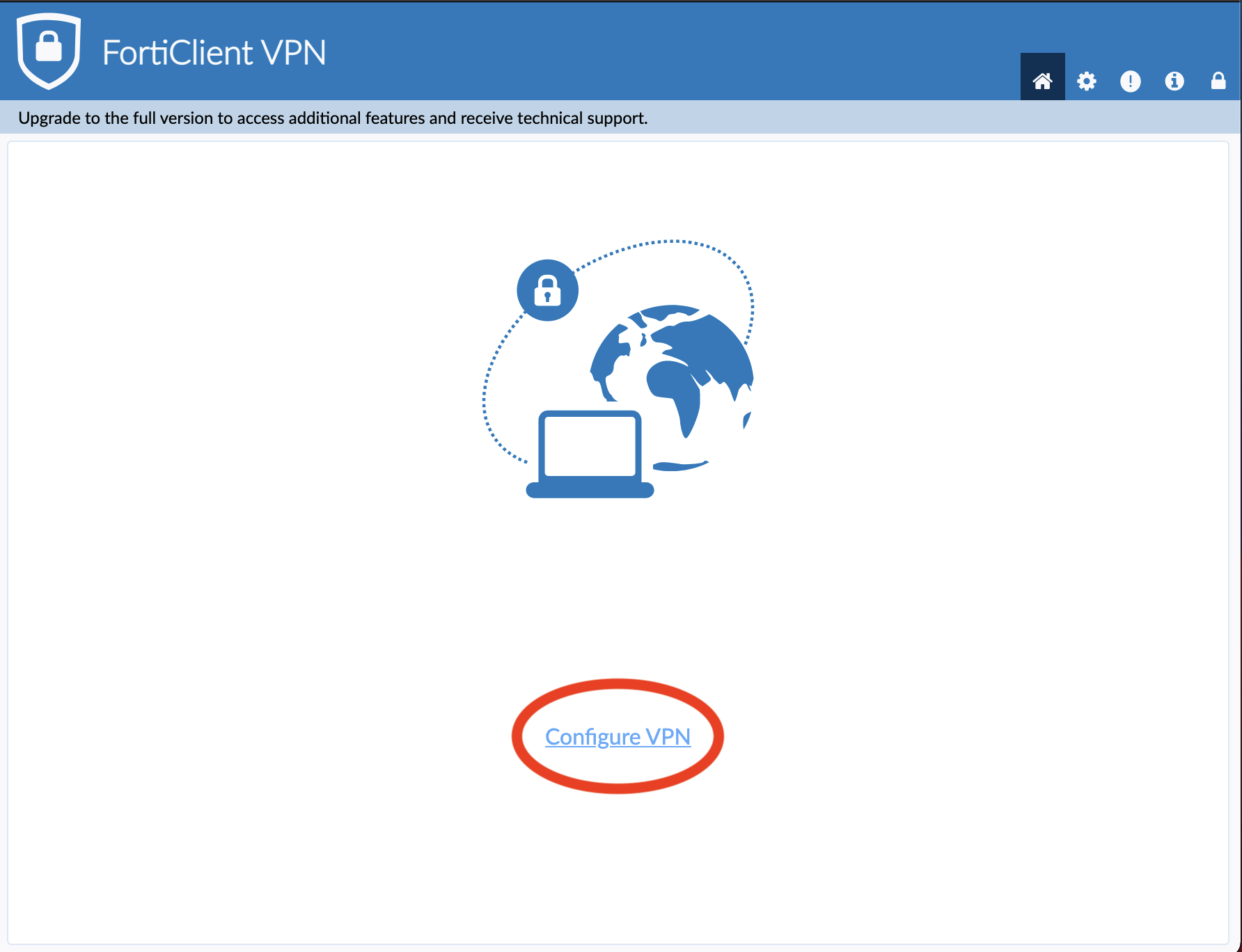 View of the fortiClient window, with the "Configure VPN" link circled.