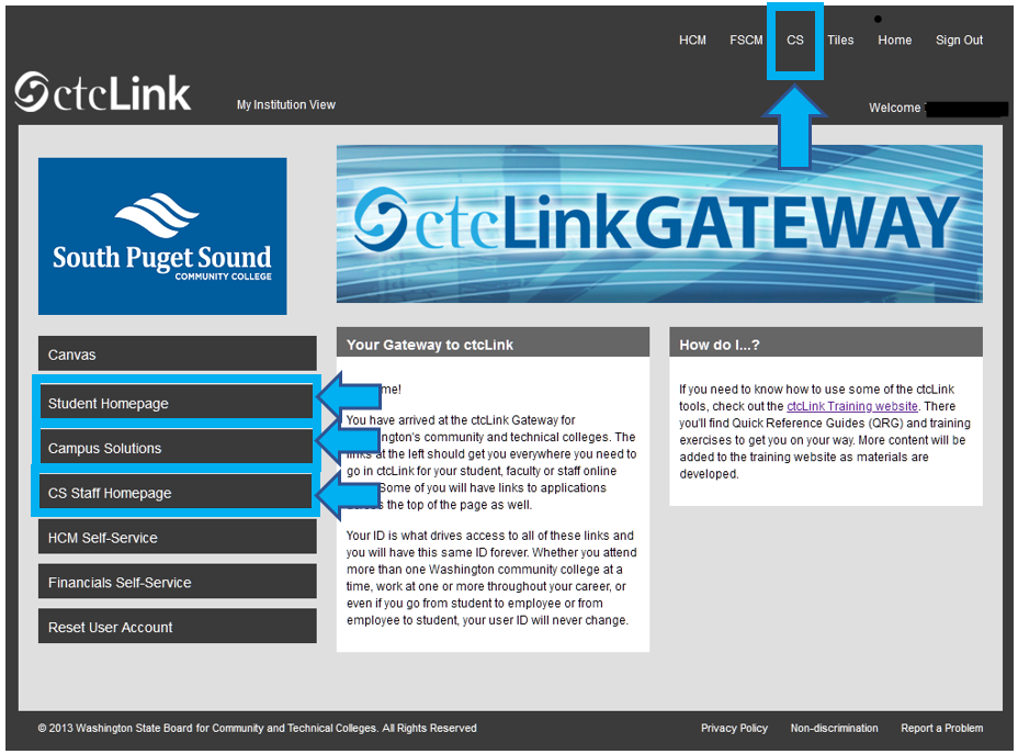 Gateway page with arrow pointing to locations of the CS buttons