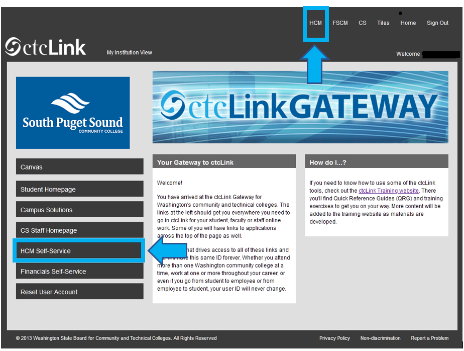 Gateway page with arrow pointing to locations of the HCM buttons