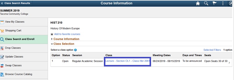 Manage classes - Class Search and Enroll - Course Information for Hist 210