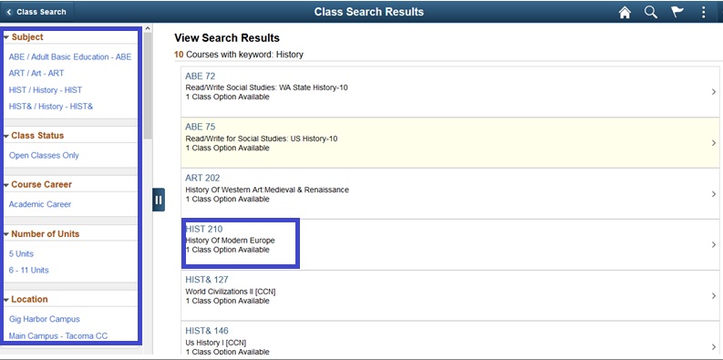 Manage Classes - Class Search and Enroll - Class search results, choose Hist 210