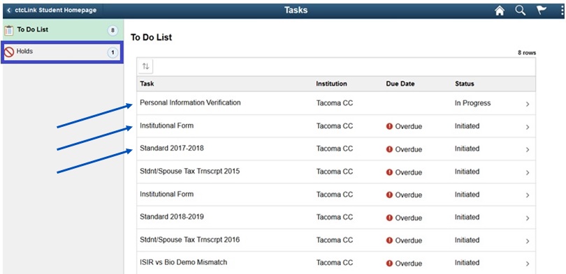 Select a hold from the list to determine what action is needed.