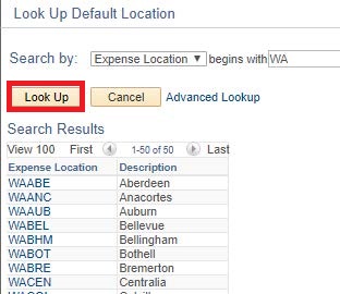 Default Location Lookup screen