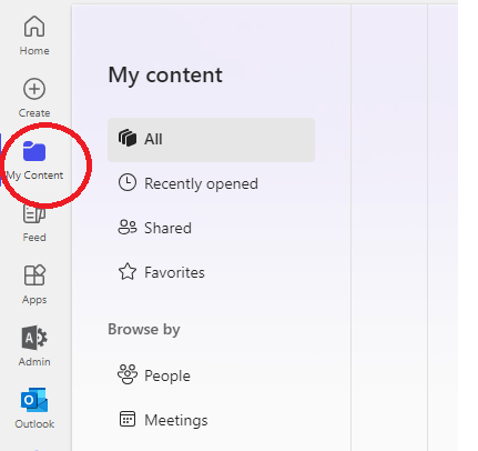 An image of the Microsoft Office365 home page, focused on the right-side menu with "My Content" circled in red