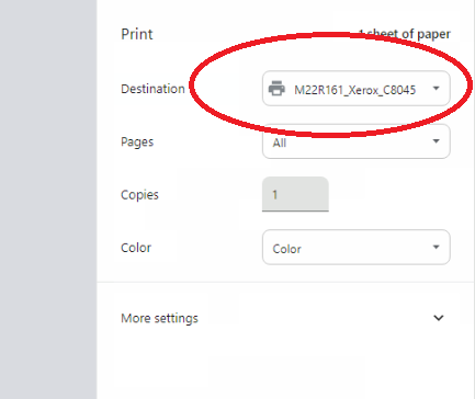 An image of the Microsoft Office365 print options page with the printer drop down menu circled in red