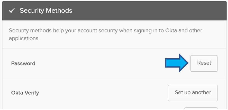 Security Methods area of OKTA Dashboard with arrow pointing to the Reset button