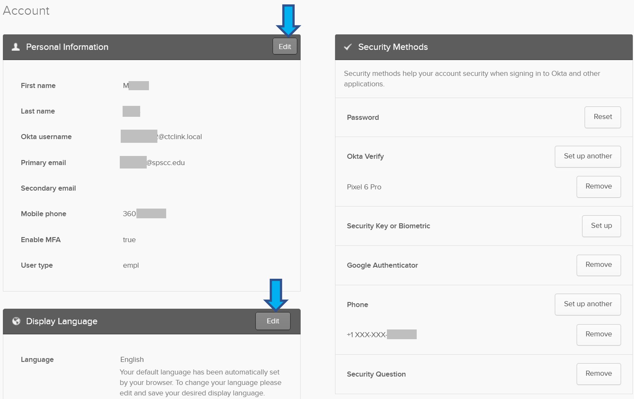 Screenshot of OKTA dashboard Account page