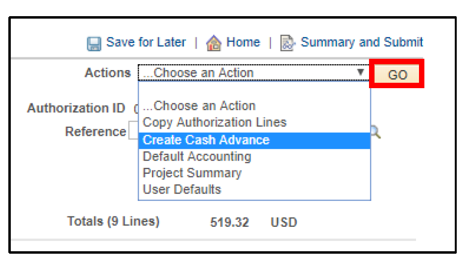 Action field selecting Create Cash Advance