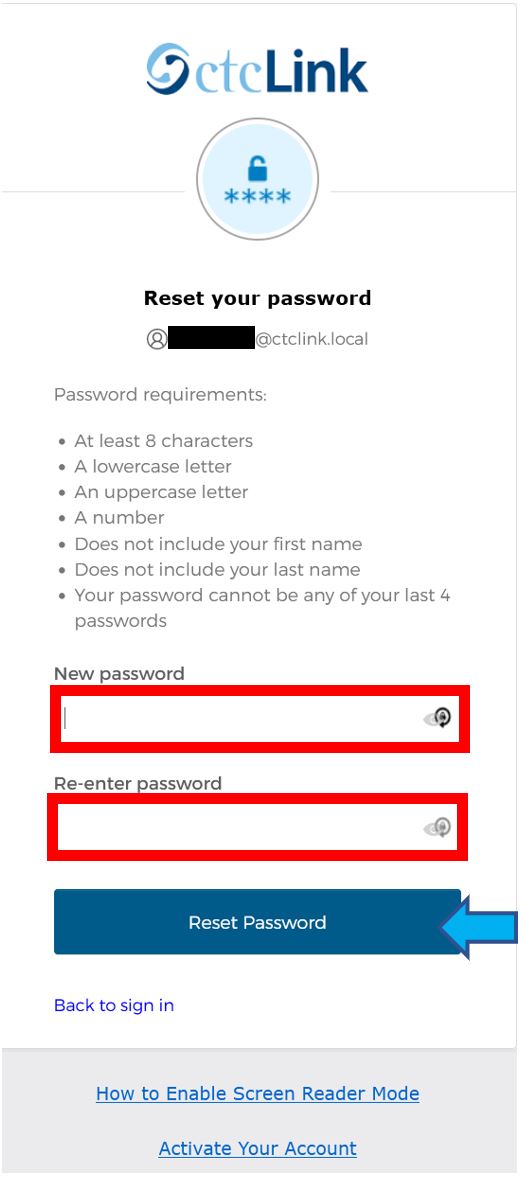 Reset your Password dialogue box