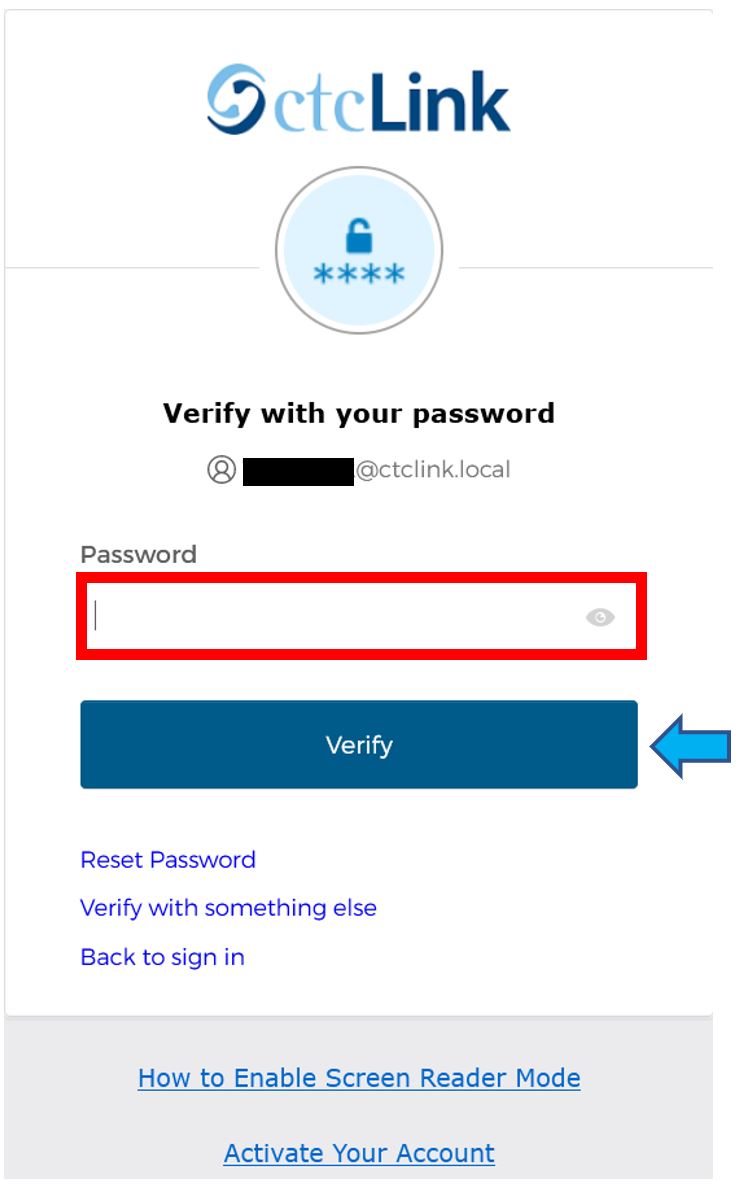 Verify with your password diaglogue box with arrow pointing to the Verify button