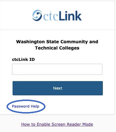 ctcLink log in page with "Password Help" circled.