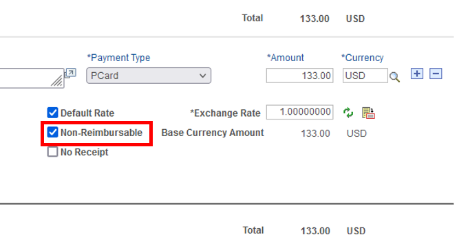 screenshot of ER with Pcard selected as Expense Type and the box check for non-reimburseable