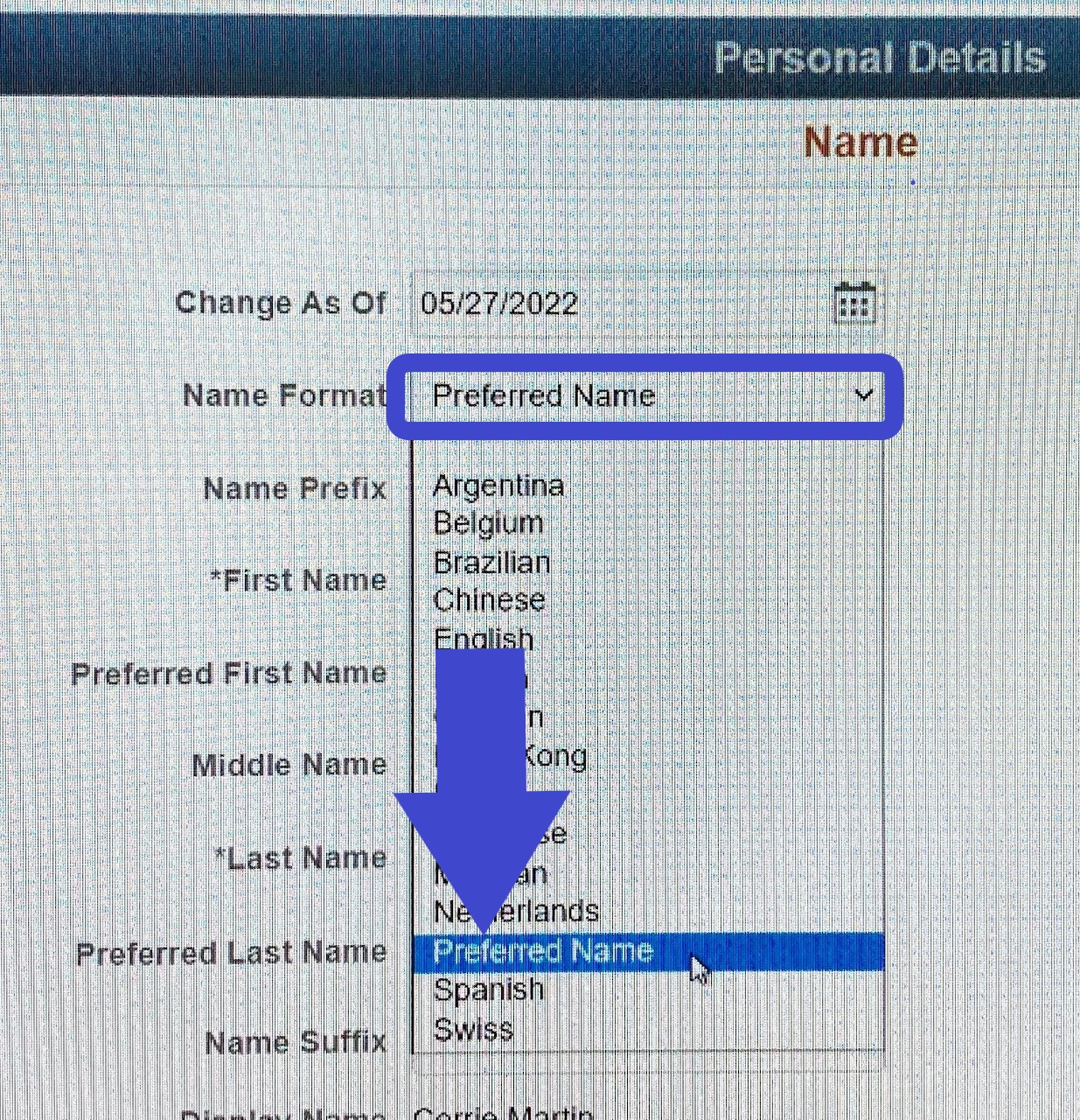 Image of Preferred name drop down menu