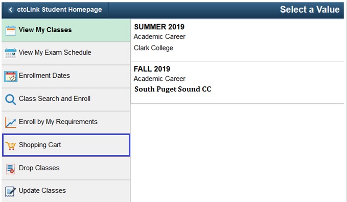 From Manage Classes, select Shopping Cart on the left side. It is below Enroll by my requirements and above Drop Classes