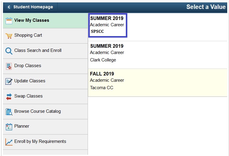 The box lists the terms and colleges.  Select the one of interest.