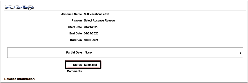 Image of status circled on submitted absence request