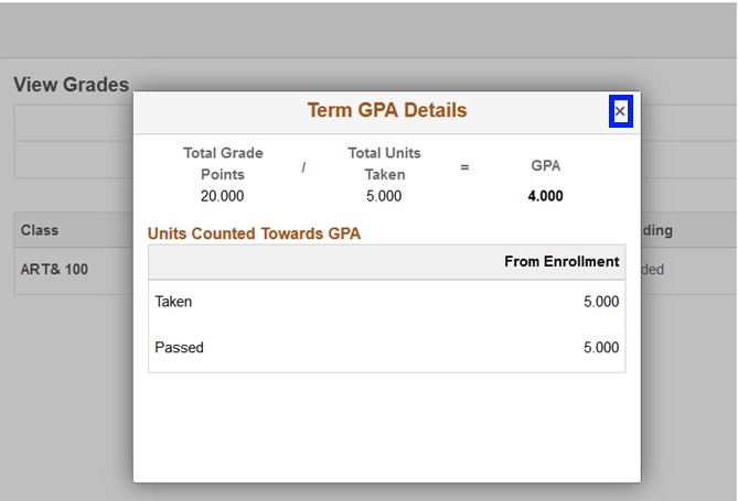 Term GPA details are given including total grade points, credits, and the GPA