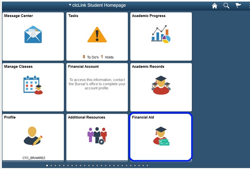 Financial aid is one of  9 tiles available on the student homepage.