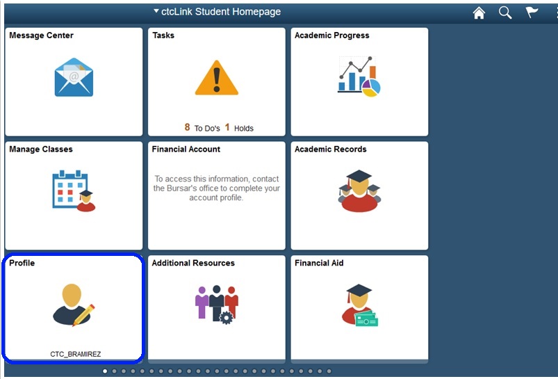 The ctcLink Student Homepage.  There are 9 tiles on the left side of the bottom row is "Profile"