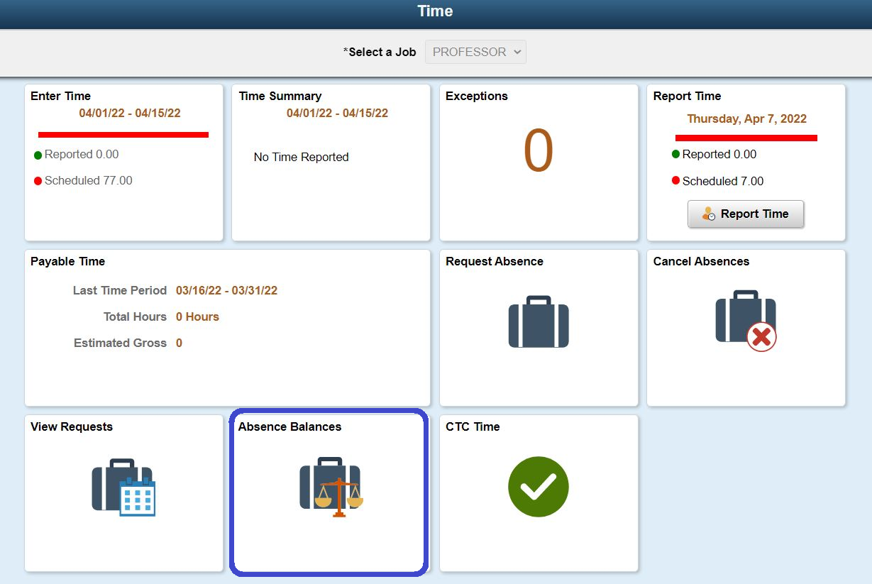 Image of Time Tile page with absence balance Tile circled
