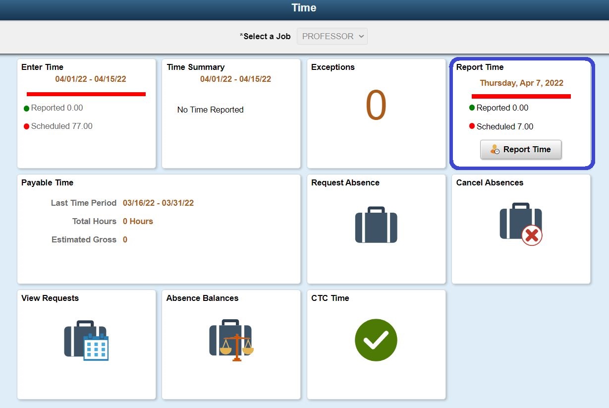 Image of Time Tile page with Report Time Tile circled