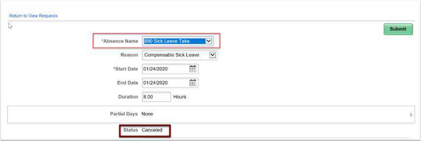 Request Details with red box around the Absence Name field and the Status which indicates Cancelled